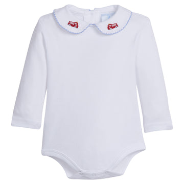 Little English traditional children's clothing.  Long-sleeved white onesie with peter pan collar and pinpoint fire truck embroidery for baby boys for Fall