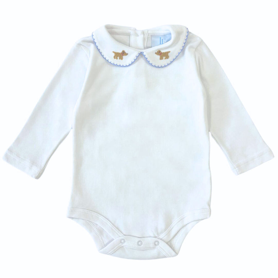 Little English traditional children's clothing. White long sleeve peter pan knit onesie with blue picot trim and pinpoint labs on the collar for baby boy 