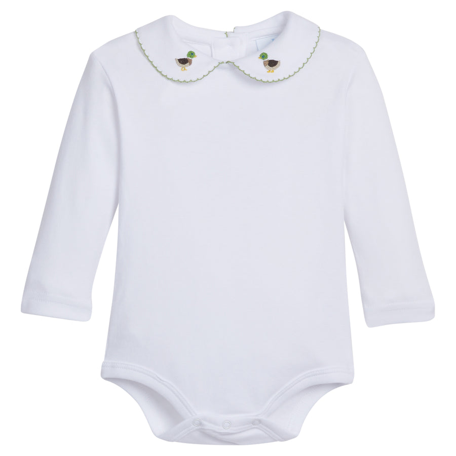 Little English baby boy's pinpoint onesie with french-knotted mallard at the collar