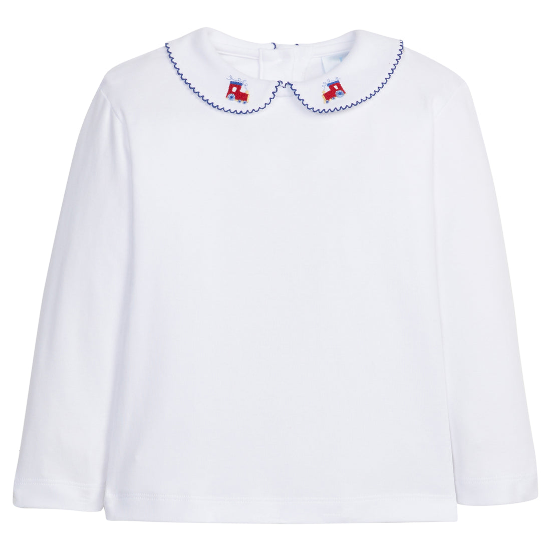 little english classic childrens clothing boys white long sleeve shirt with pinpoint trains on collar