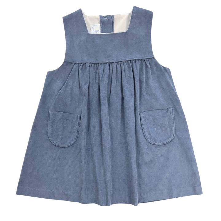 Little English traditional children's clothing.  Gray blue corduroy jumper for young girls for Fall