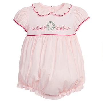 Little English Traditional clothing, Maisie bubble in light pink with wreath stitching on chest for little girl, holiday