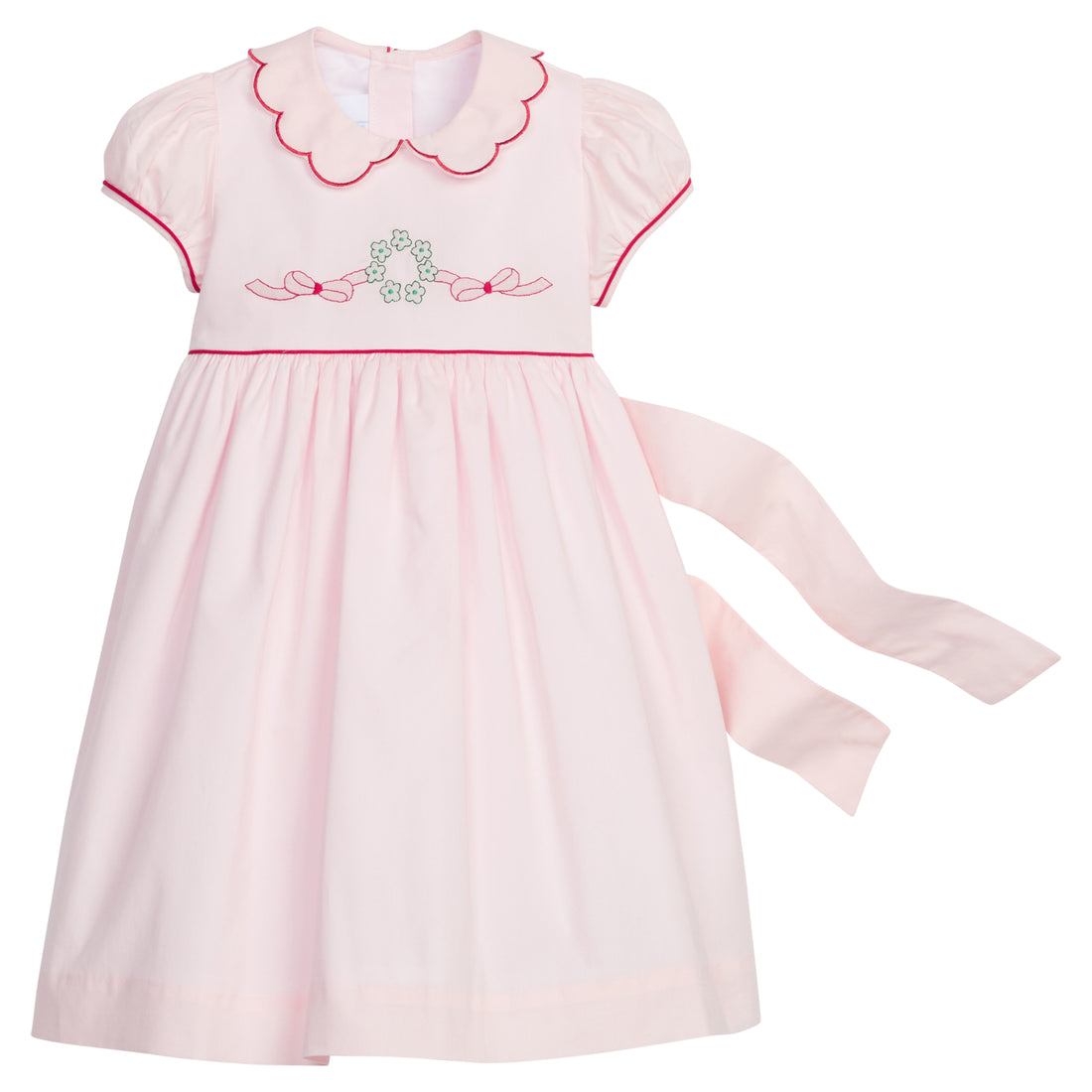 Little English Traditional clothing, Maisie Dress in light pink with wreath stitching on chest and bow in back for little girl, holiday