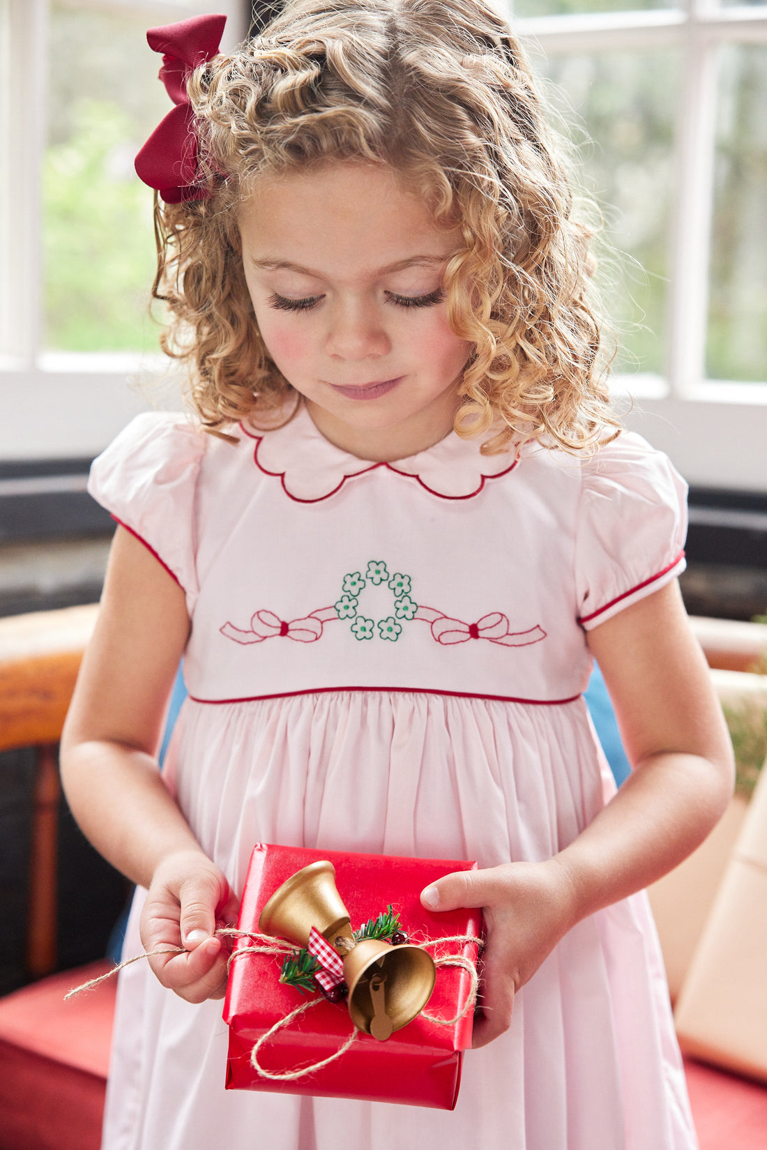 Little English Traditional clothing, Maisie Dress in light pink with wreath stitching on chest and bow in back for little girl, holiday