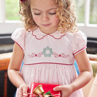 Little English Traditional clothing, Maisie Dress in light pink with wreath stitching on chest and bow in back for little girl, holiday