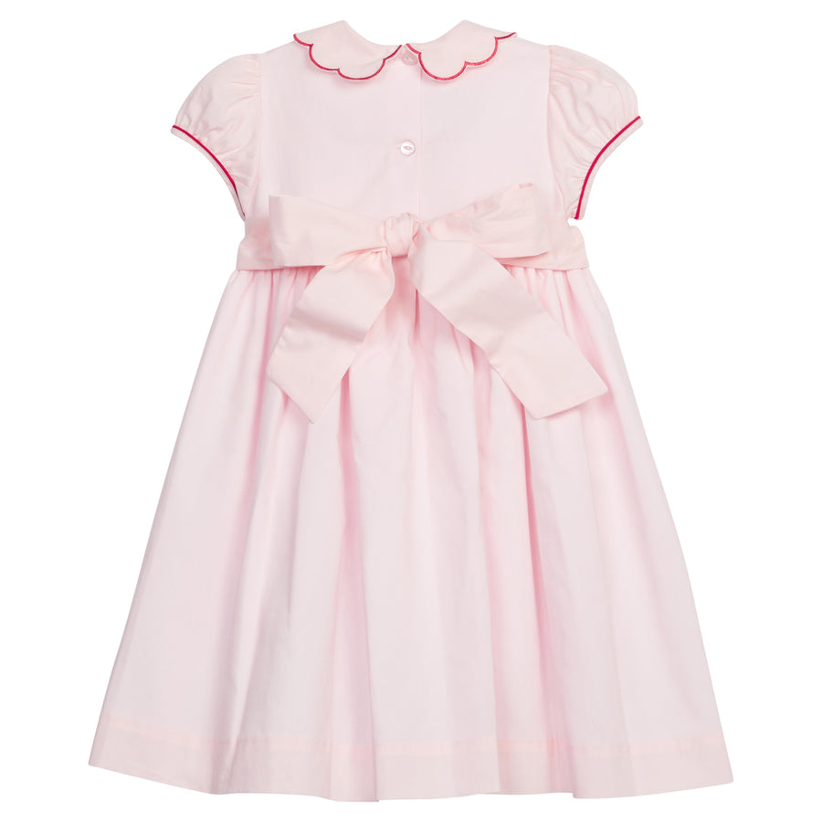 Little English Traditional clothing, Maisie Dress in light pink with wreath stitching on chest and bow in back for little girl, holiday