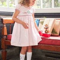 Little English Traditional clothing, Maisie Dress in light pink with wreath stitching on chest and bow in back for little girl, holiday