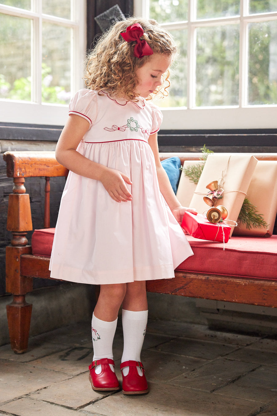 little english classic chidlrens clothing knee high white socks with embroidered wreath