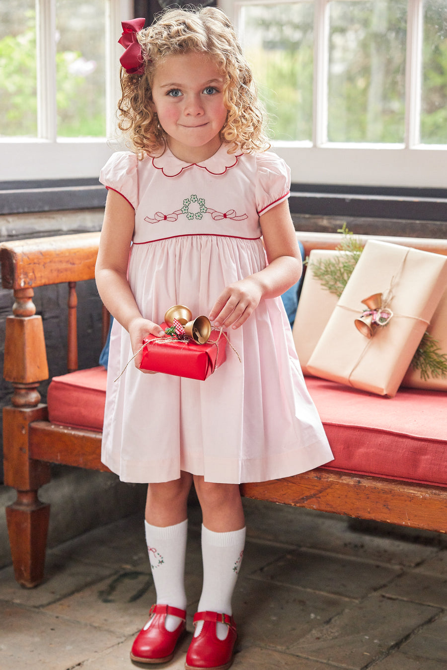 Little English Traditional clothing, Maisie Dress in light pink with wreath stitching on chest and bow in back for little girl, holiday