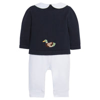 little english classic childrens clothing boys navy crochet sweater with crochet mallard duck on each side