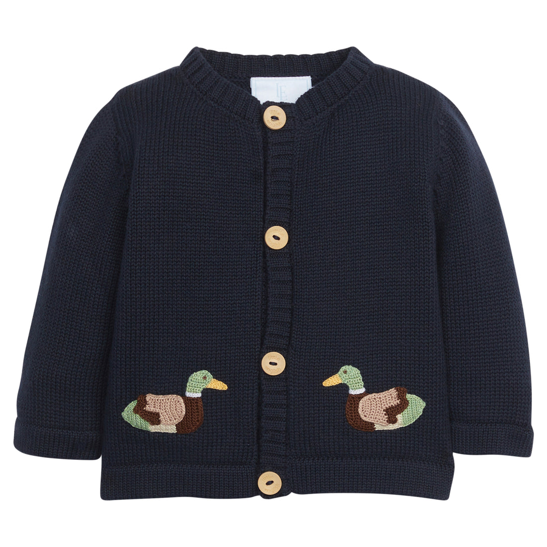 little english classic childrens clothing boys navy crochet sweater with crochet mallard duck on each side