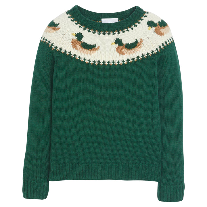 Little English traditional children's clothing. Boy's hunter green fair isle sweater with mallard ducks for Fall