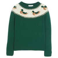 Little English traditional children's clothing. Boy's hunter green fair isle sweater with mallard ducks for Fall