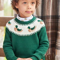 Little English traditional children's clothing. Boy's hunter green fair isle sweater with mallard ducks for Fall