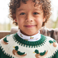 Little English traditional children's clothing. Boy's hunter green fair isle sweater with mallard ducks for Fall