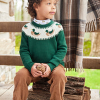 Little English traditional children's clothing. Boy's hunter green fair isle sweater with mallard ducks for Fall