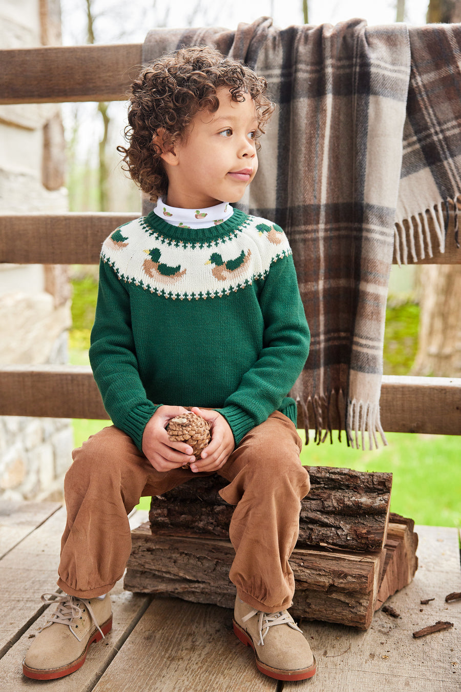 Little English traditional children's clothing. Boy's hunter green fair isle sweater with mallard ducks for Fall