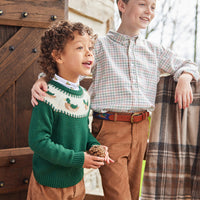 Little English traditional children's clothing. Boy's hunter green fair isle sweater with mallard ducks for Fall