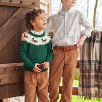 Little English traditional children's clothing. Boy's hunter green fair isle sweater with mallard ducks for Fall