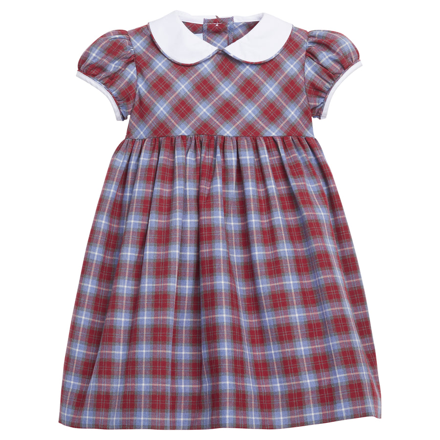 Little English traditional children's clothing, Natalie Dress in red, white, and blue Stafford plaid for little girl