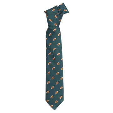 Little English traditional children's clothing.  Boy's hunter green patterned neck tie with footballs for formal occasions.