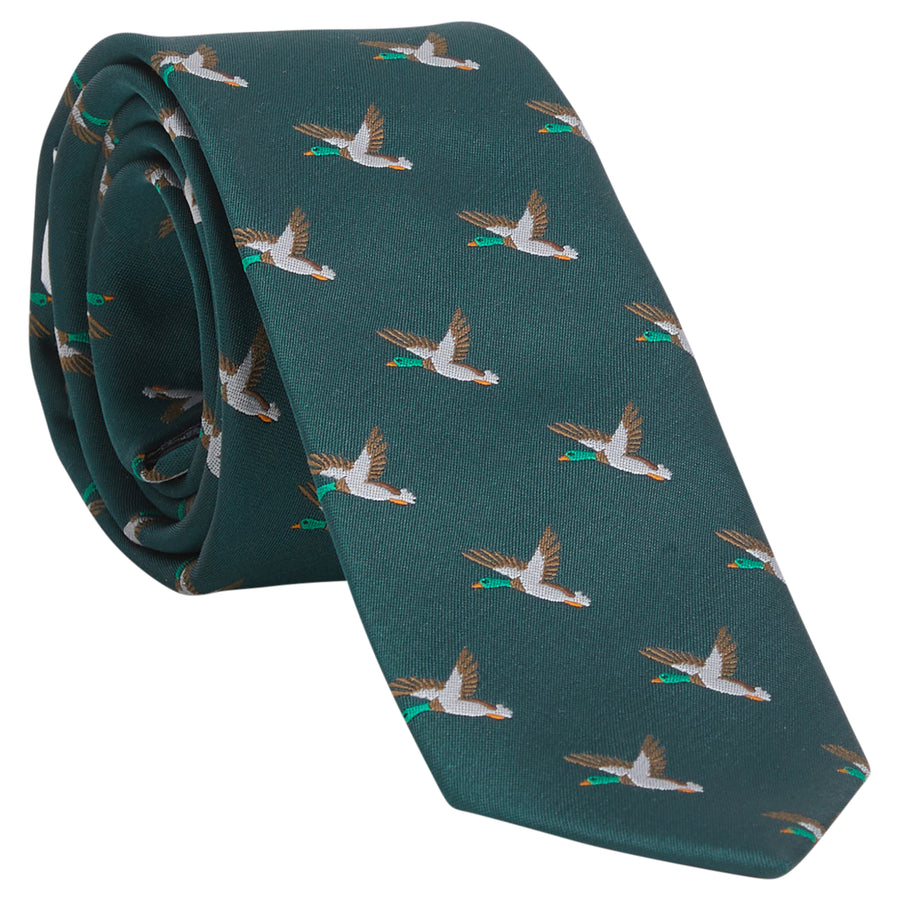 Little English traditional children's clothing.  Boy's hunter green patterned neck tie with mallards for formal occasions.