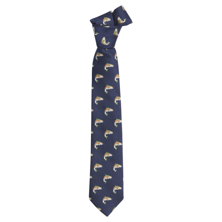 Little English traditional children's clothing.  Boy's navy patterned neck tie with trout for formal occasions.