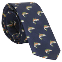 Little English traditional children's clothing.  Boy's navy patterned neck tie with trout for formal occasions.