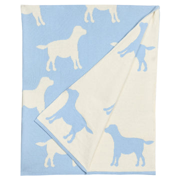 Little English, giftable nursery accessory, reversible knit nursery blanket, light blue and cream lab print for Spring