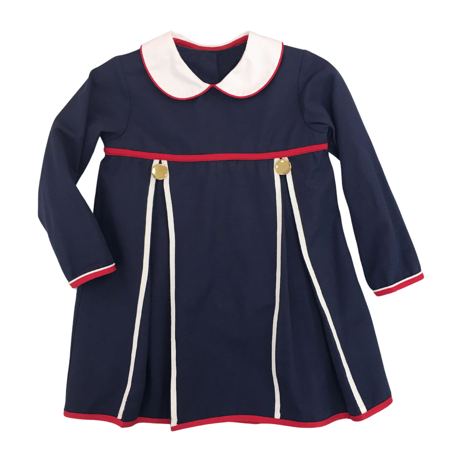 Little English traditional children's clothing. Navy long-sleeve peter pan dress with red and white trim for little girls for Fall