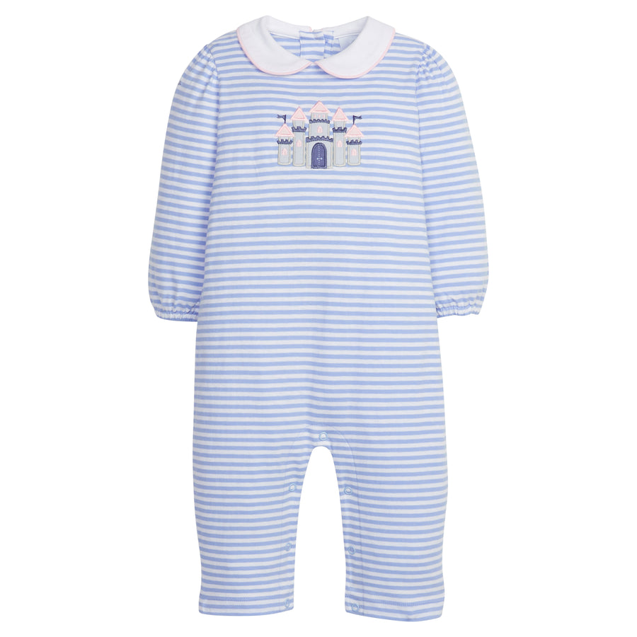 Little English traditional children's clothing.  Blue and white striped romper for baby girls with white peter pan collar and castle applique for fall