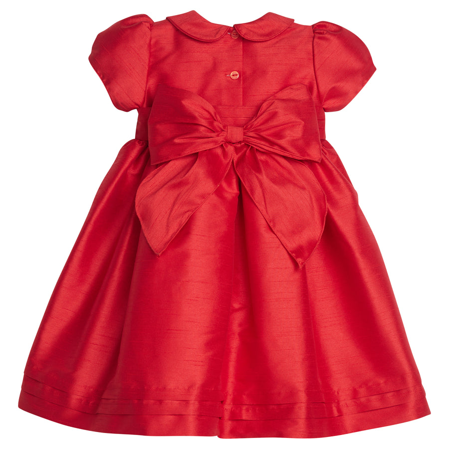 Little English traditional children's clothing, Peter Pan formal dress in red with sash and bow around waist, for little girl