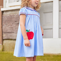 Little English traditional children's clothing. Red hair bow for girls. Classic hair accessory for Fall. Blue chambray dress for toddler girl . Back to school dress with red apple applique and red piping for fall. Paired with our apple knee high socks.