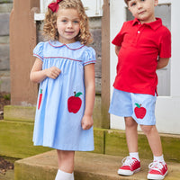 Little English traditional children's clothing. Light blue chambray dress for toddler girl . Back to school dress with red apple applique and red piping for fall. Paired with our apple knee high socks.