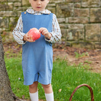 Little English traditional clothing, button tab john john in stormy blue corduroy for little boy