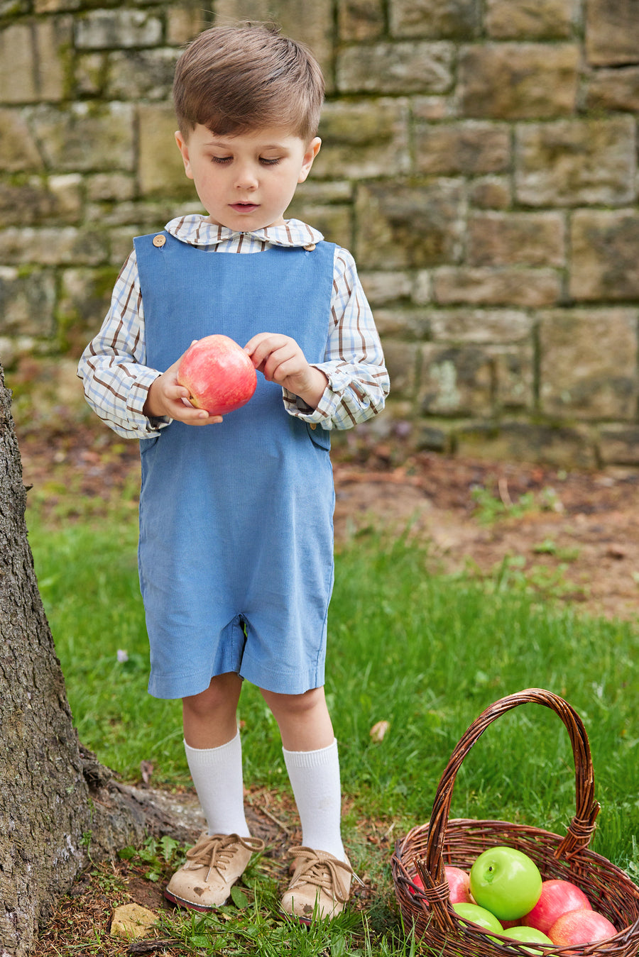 Little English traditional clothing, button tab john john in stormy blue corduroy for little boy