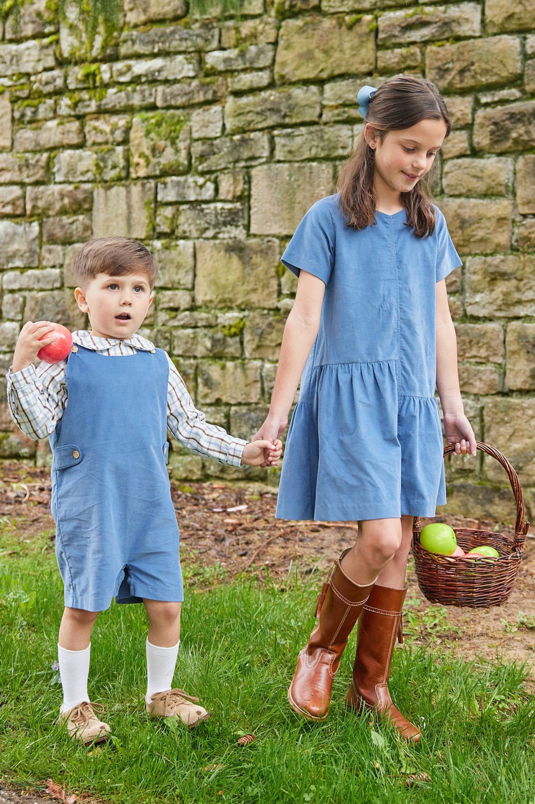 Little English traditional clothing, button tab john john in stormy blue corduroy for little boy