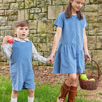 Little English traditional clothing, button tab john john in stormy blue corduroy for little boy