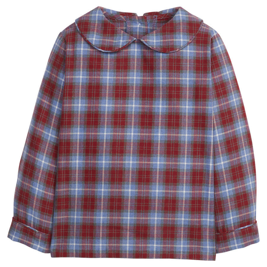 Little English traditional children's clothing, Peter Pan Shirt in red, white, and blue Stafford Plaid, for little boy