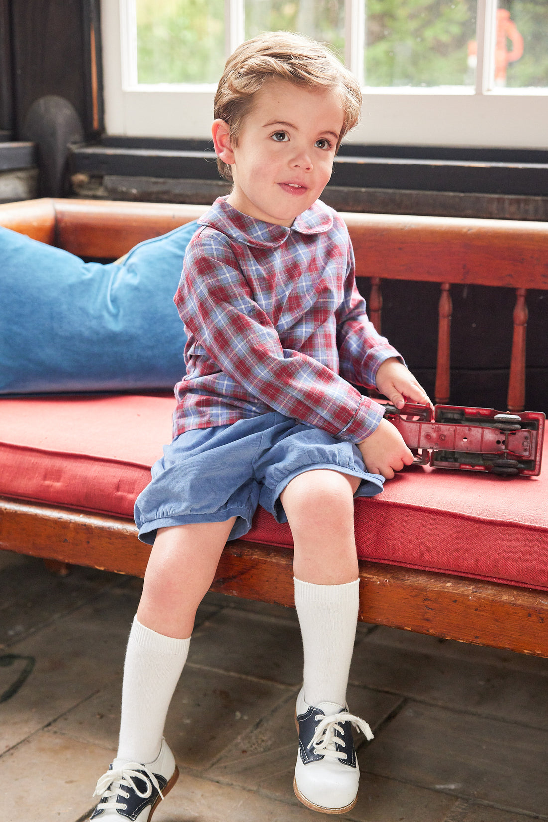 Little English traditional clothing, banded short in stormy blue corduroy for little boy