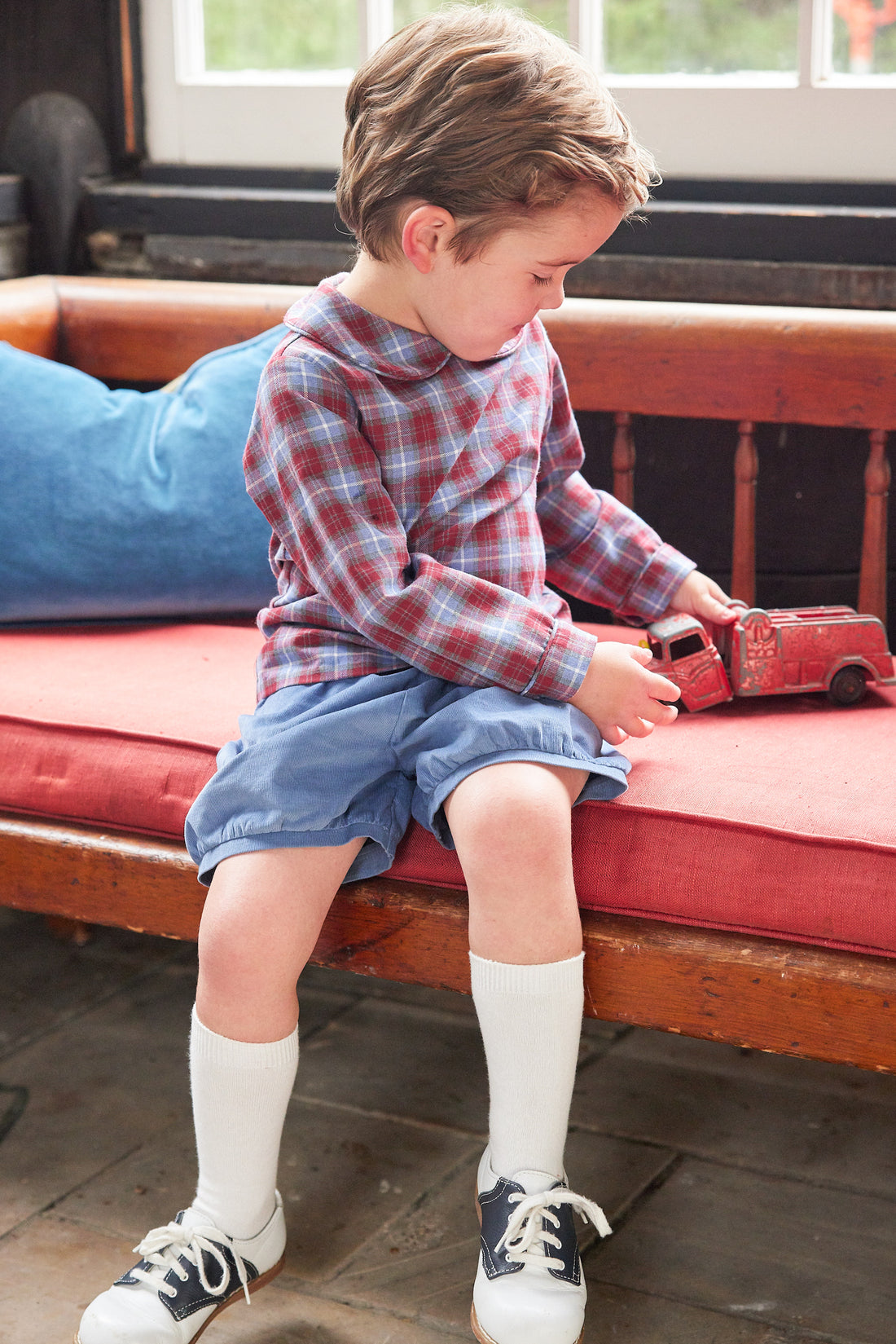 Little English traditional clothing, banded short in stormy blue corduroy for little boy