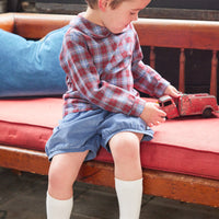 Little English traditional clothing, banded short in stormy blue corduroy for little boy