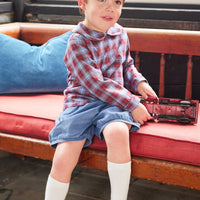 Little English traditional clothing, banded short in stormy blue corduroy for little boy