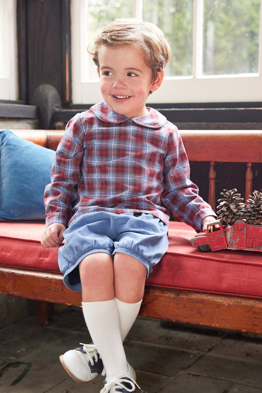 Little English traditional clothing, banded short in stormy blue corduroy for little boy