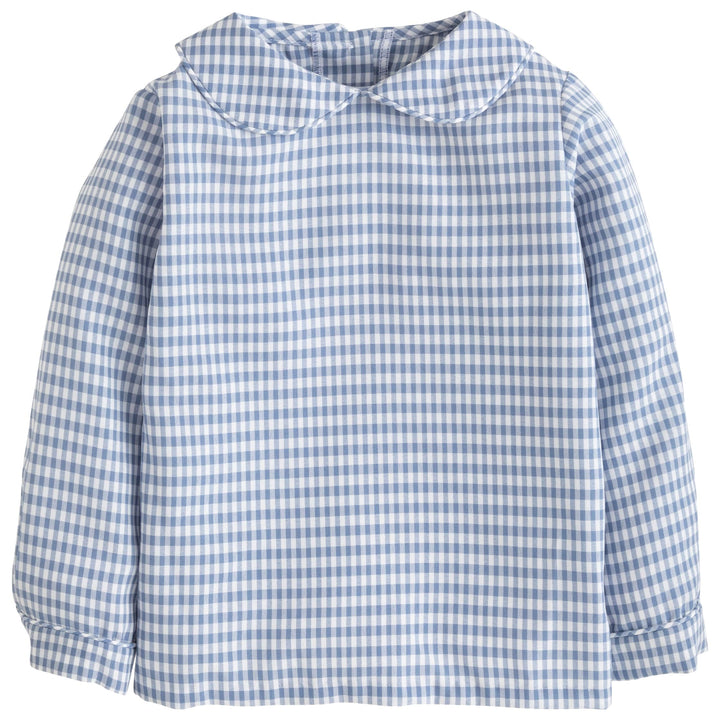Little English traditional children's clothing.  Gray blue and white gingham peter pan shirt for boys for Fall