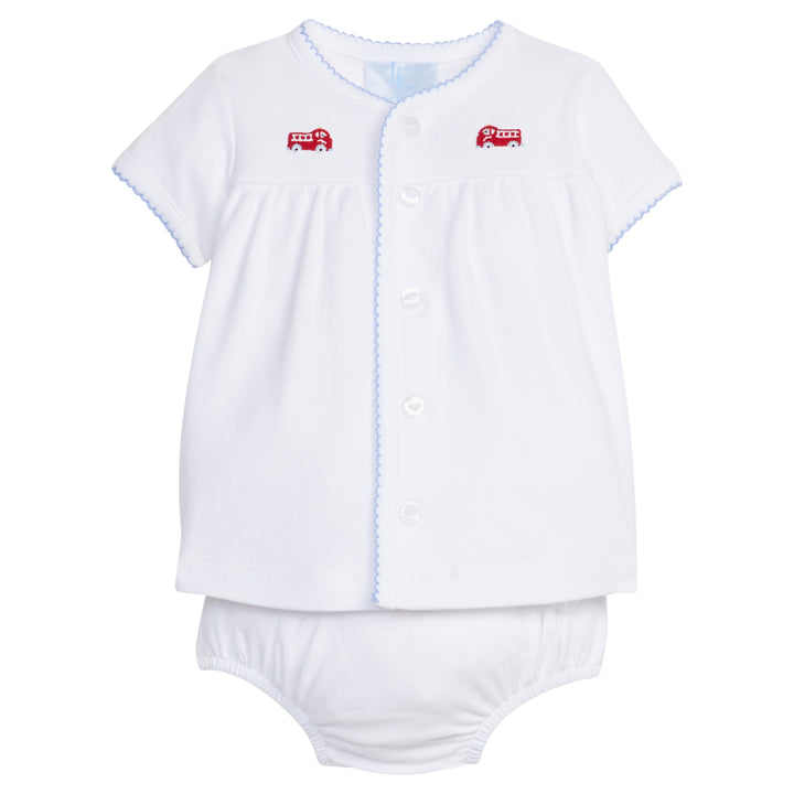 Little English traditional children's clothing. Pima Cotton white knit set with light blue trim and red fire truck pinpoint for babies for fall.