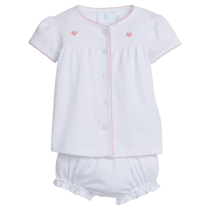 Little English traditional children's clothing. Pima Cotton white knit set with light pink trim and pink heart pinpoint for babies for fall.