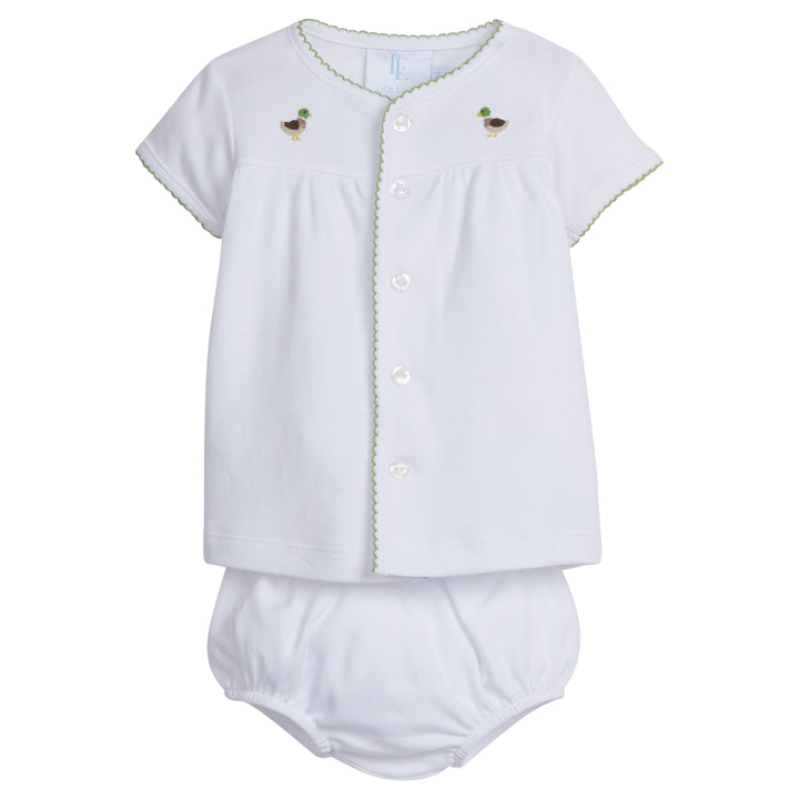 Little English traditional children's clothing.  Pima cotton knit set with Mallard duck embroidery for babies