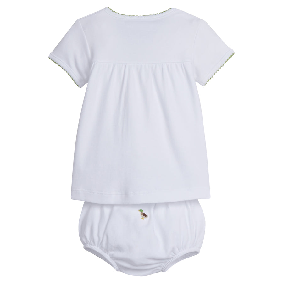 Little English traditional children's clothing.  Pima cotton knit set with Mallard duck embroidery for babies