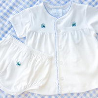 Little English traditional children's clothing, Cotton white knit set with blue trim and tractor motif for baby boy